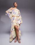 [ASOS LUXE] ASOS LUXE pearl embellished chiffon exaggerated maxi dress in buttermilk floral print-Multi 12 YELLOW