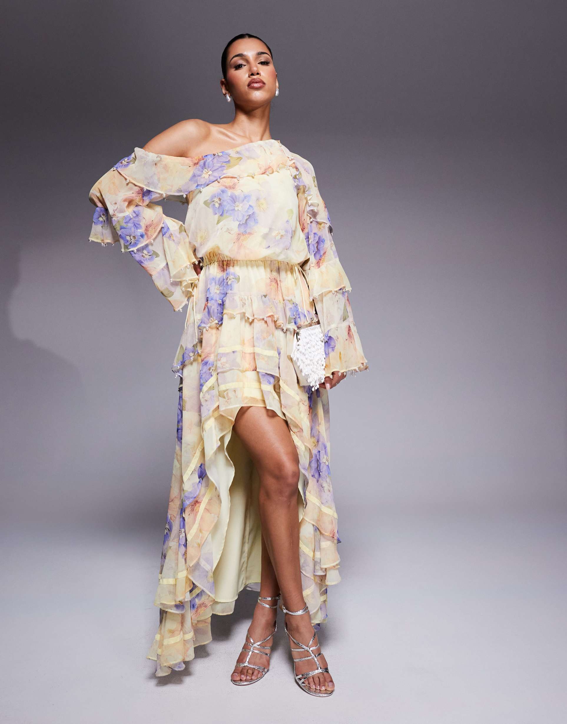 asos luxe pearl embellished chiffon exaggerated maxi dress in buttermilk floral print