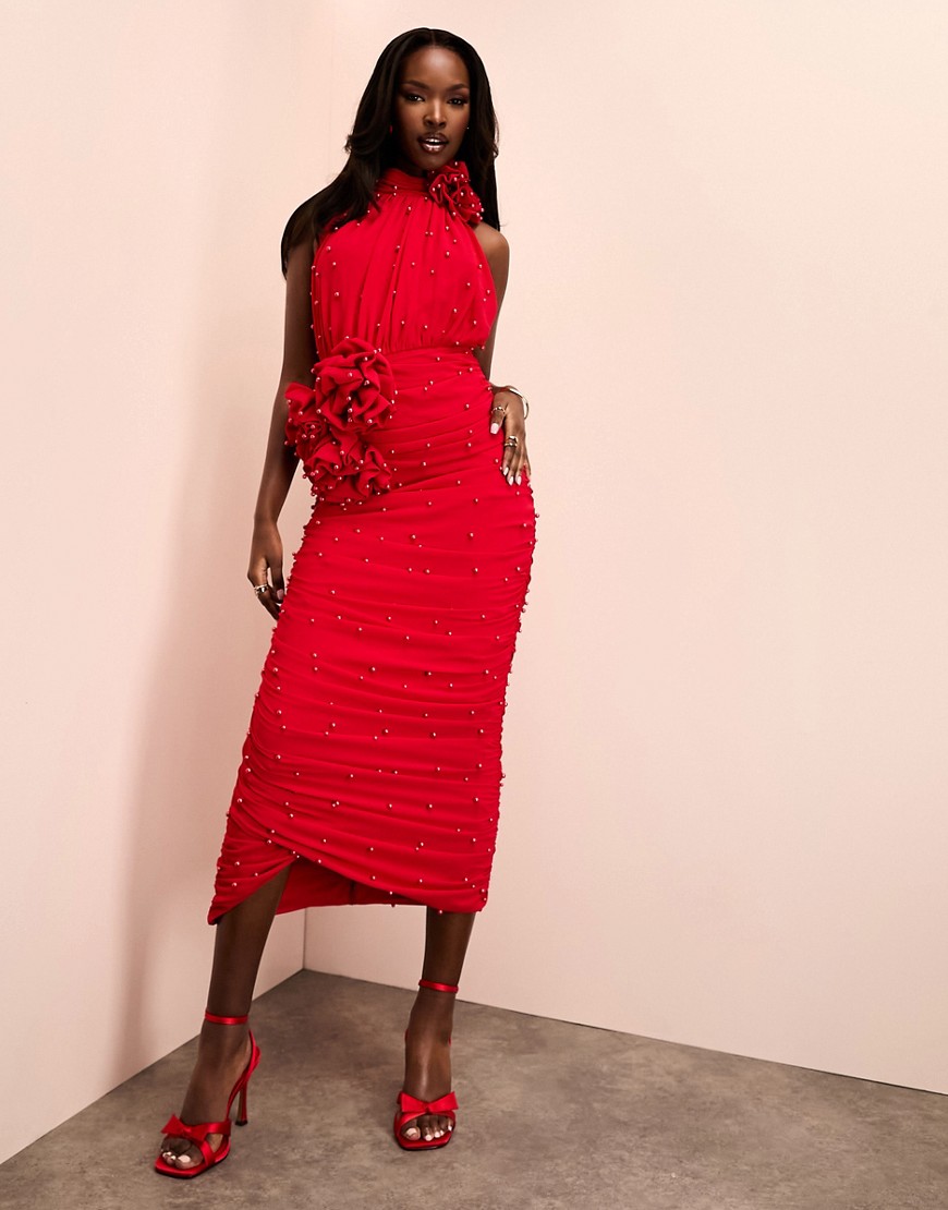 ASOS LUXE pearl embellished corsage halter midi dress in red