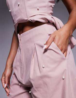 ASOS LUXE pearl embellished cotton twill barrel pants in pink - part of a set
