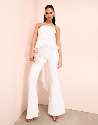 pearl embellished flared pants in white