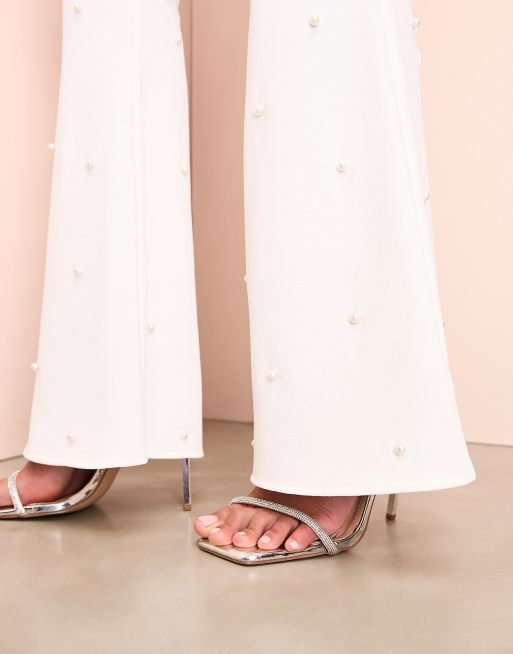 ASOS LUXE pearl embellished flared pants in white | ASOS