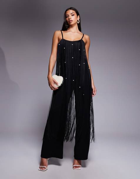 ASOS LUXE pearl embellished fringing jumpsuit in black - view 1