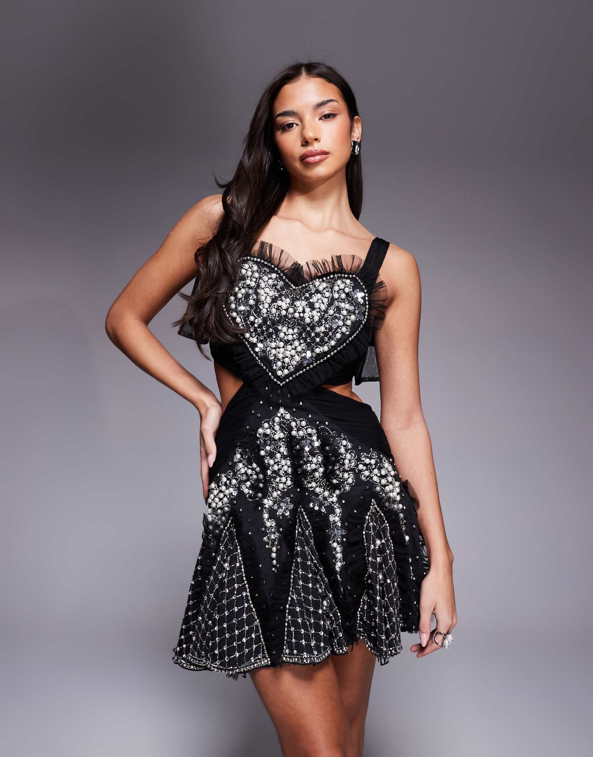 asos luxe pearl embellished heart bust skater mini dress in black
