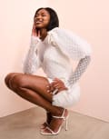 [ASOS LUXE] ASOS LUXE pearl embellished lace mini dress with puff sleeves in white 10 White