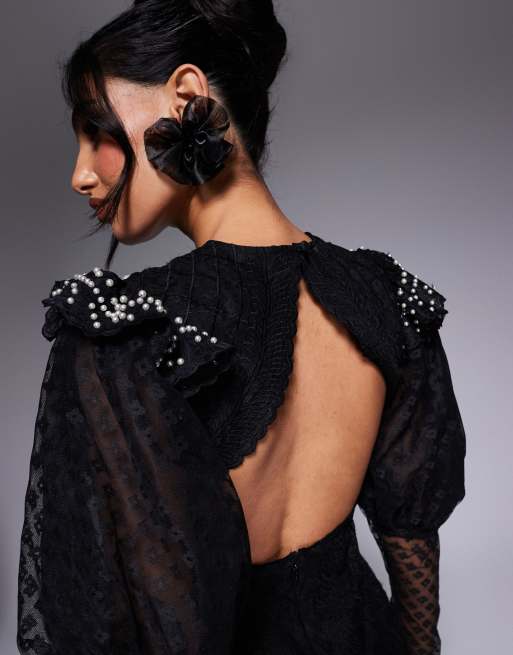 ASOS LUXE pearl embellished lace puff sleeve mini dress in