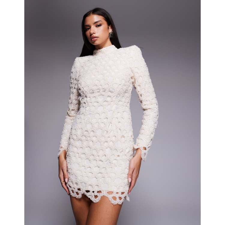 asos edition disc and pearl mini dress ASOS LUXE pearl embellished laser cut high neck mini dress in ivory