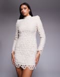 [ASOS LUXE] ASOS LUXE pearl embellished laser cut high neck mini dress in ivory-White 4 IVORY