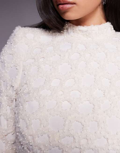 ASOS LUXE pearl embellished laser cut high neck mini dress in ivory
