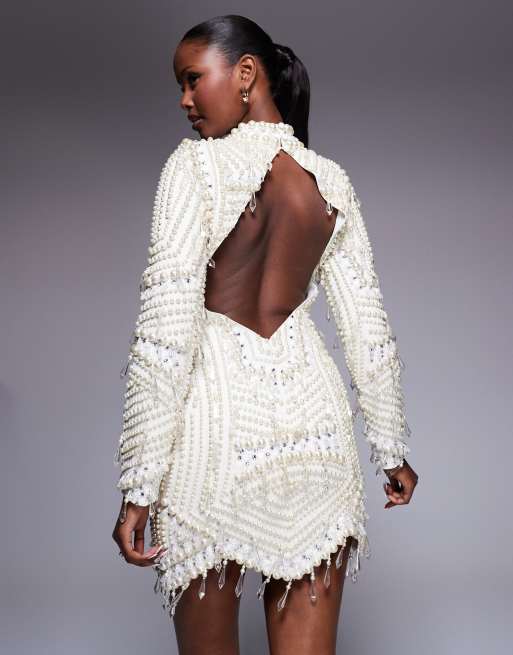 ASOS LUXE pearl embellished long sleeve mini dress in cream