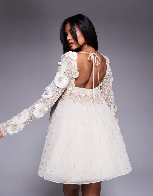 ASOS LUXE Pearl embellished mini dress with corsage detail in gold