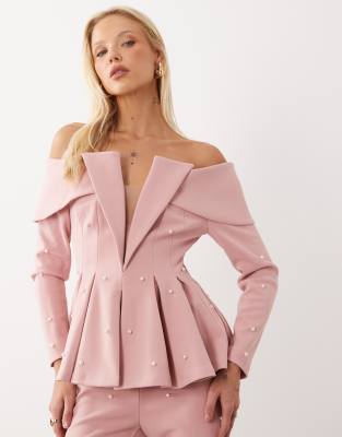 Asos Luxe Pearl Embellished Off Shoulder Blazer Top In Pink