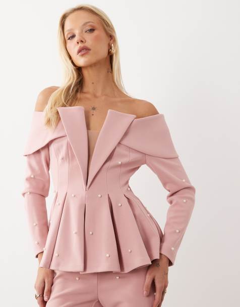 ASOS LUXE pearl embellished off shoulder blazer top in pale pink - view 1
