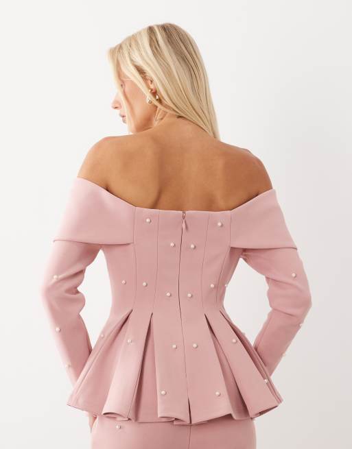 ASOS LUXE pearl embellished off shoulder blazer top in pale pink, 4 of 4