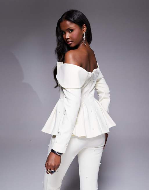 ASOS LUXE pearl embellished off shoulder tailored blazer in cream - part of a set