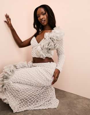 ASOS LUXE pearl embellished midi skirt with corsage details