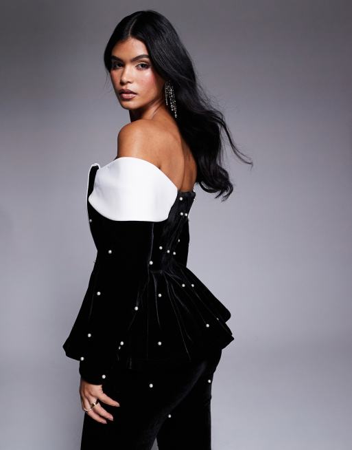 ASOS LUXE pearl embellished velvet off shoulder tailored blazer in