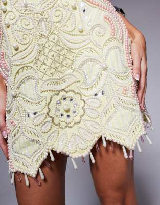 ASOS LUXE pearl encrusted mini dress in pink and yellow