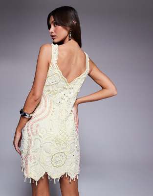 ASOS LUXE pearl encrusted mini dress in pink and yellow