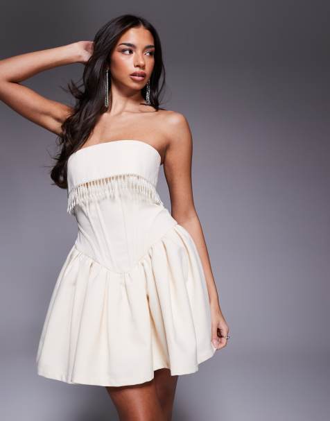 ASOS LUXE pearl trim sculpted linen mix corset mini dress in cream - view 1
