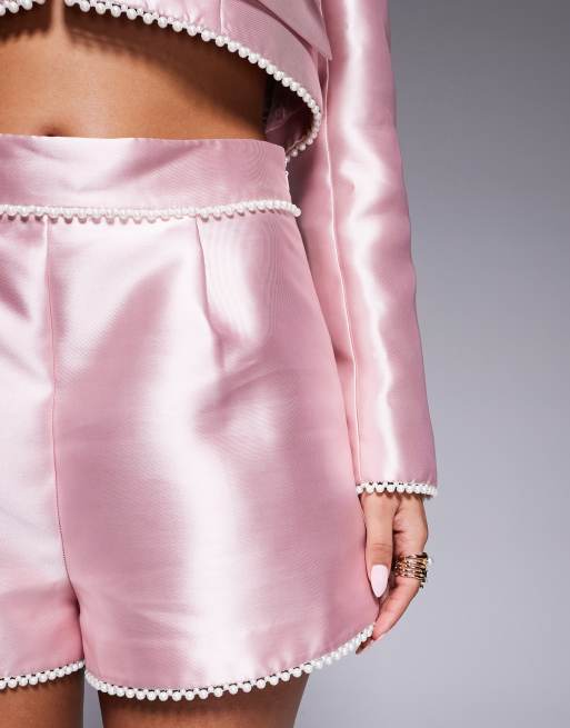ASOS LUXE pearl trim tailored shorts in pink - part of a set