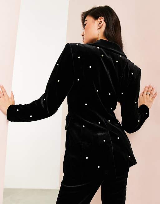 ASOS LUXE pearl velvet suit fitted blazer in black (part of a set), 2 of 4