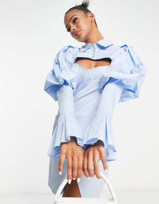 ASOS LUXE peekaboo flare sleeve shirt mini dress in baby blue