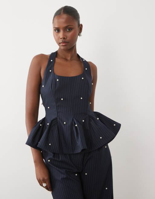 ASOS LUXE peplum corset top and barrel leg pants with faux pearls set in navy pinstripes, 3 of 3