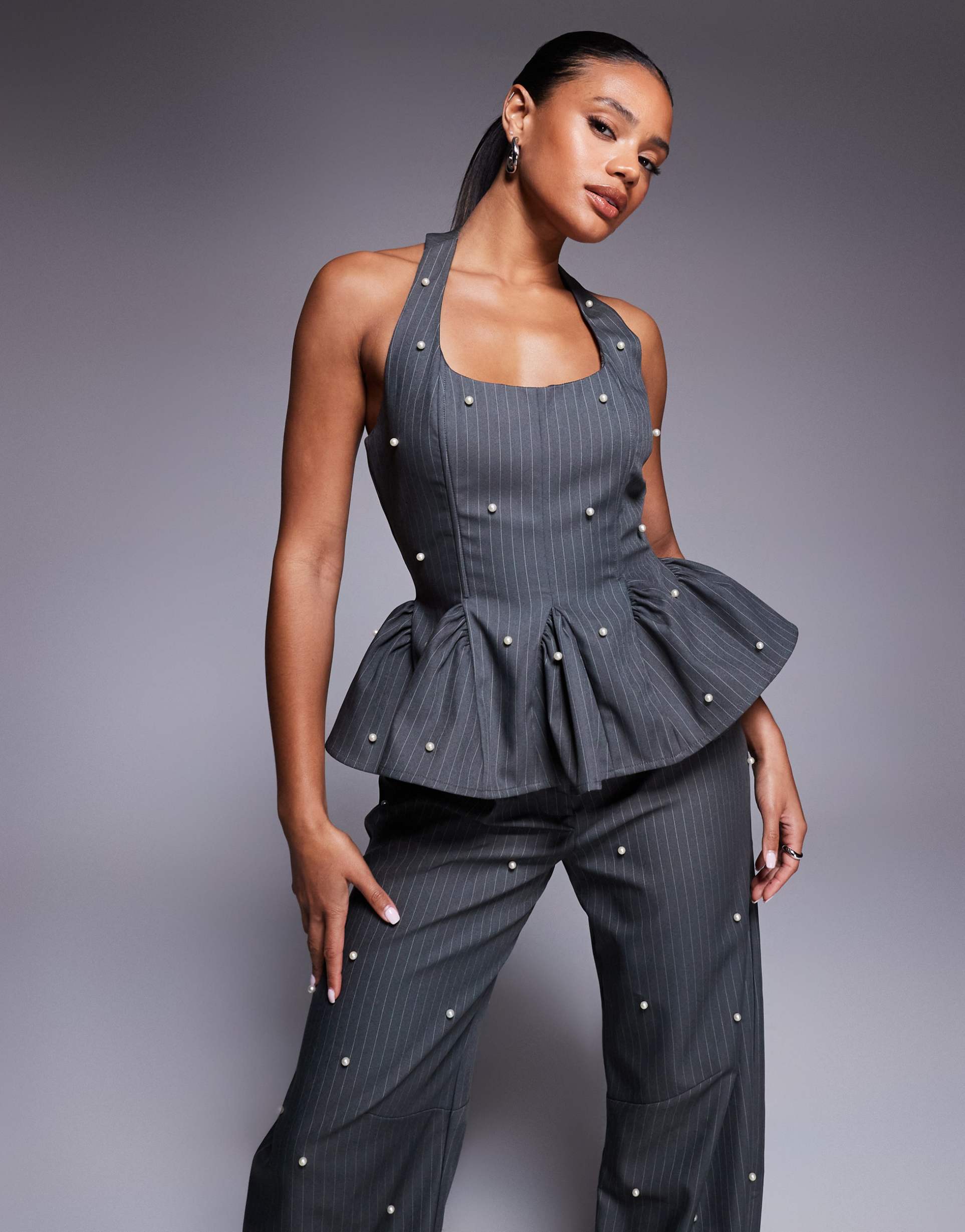 asos luxe peplum corset top with pearls in gray pinstripe - part of a set