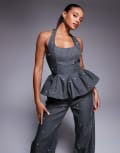 [ASOS LUXE] ASOS LUXE peplum corset top with pearls in grey pinstripe (part of a set) 6 GREY