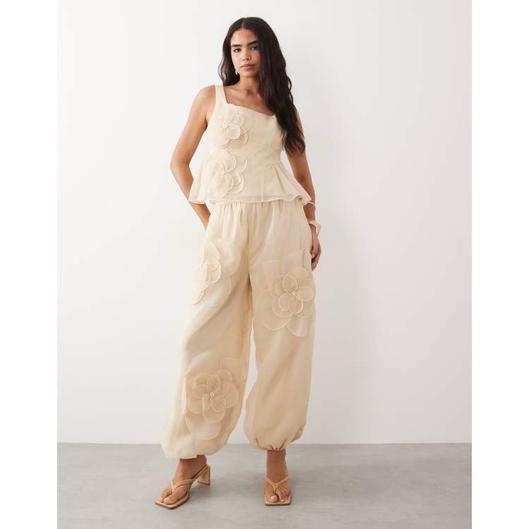 ASOS LUXE peplum cropped top & balloon pants with flower detail