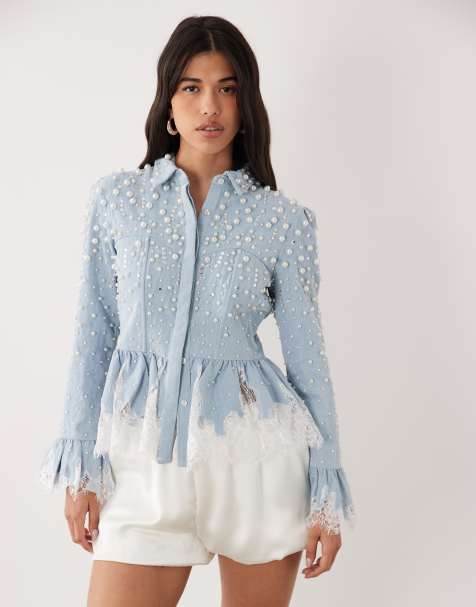 ASOS LUXE Peplum denim corset shirt with lace and pearl detail in light blue - view 1