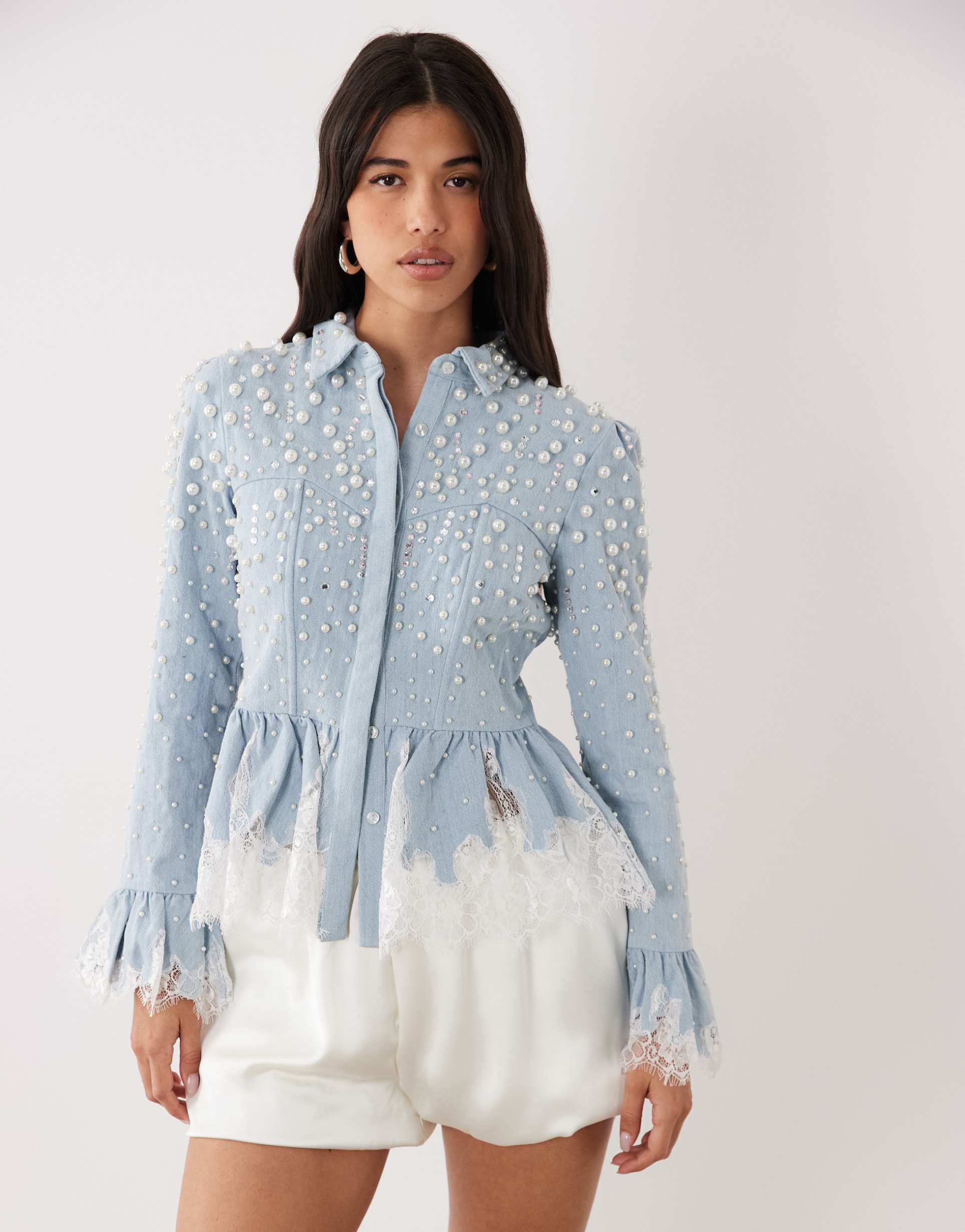 asos luxe peplum denim corset shirt with lace and pearl detail in light blue
