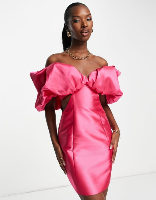 ASOS LUXE - Pink Bardot-minikjole med bobledesign i satin