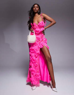 ASOS LUXE - Pink maxikjole med 3D-blomsterudsmykning i blondestof - view 1