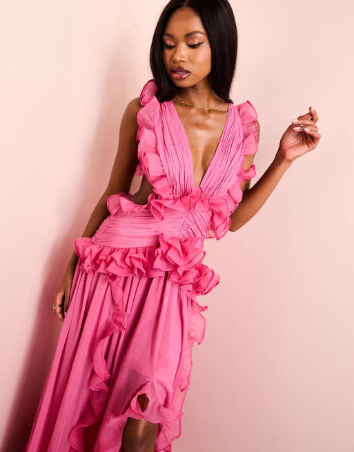 ASOS Luxe - Pink maxikjole med plunge og rynket chiffondetalje samt åben ryg, 2 af 4