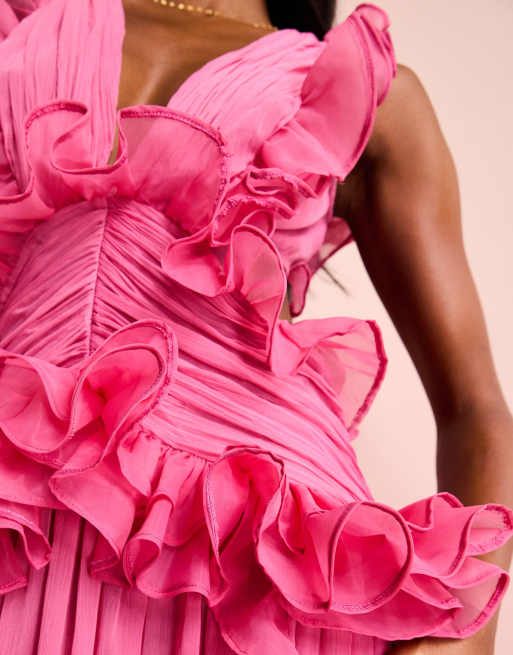 ASOS Luxe - Pink maxikjole med plunge og rynket chiffondetalje samt åben ryg, 4 af 4