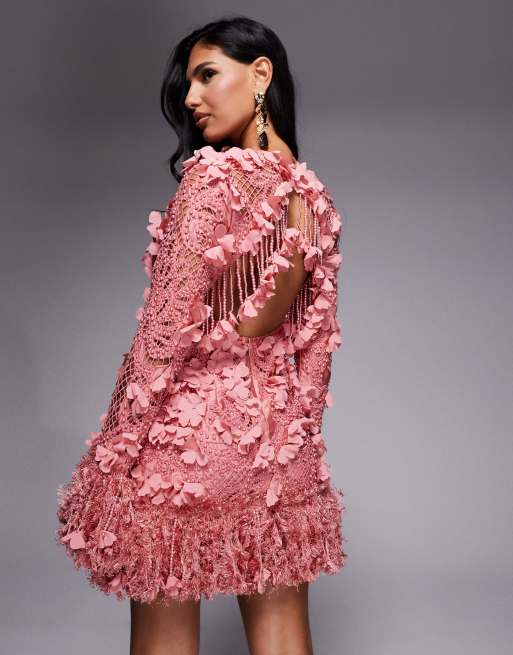ASOS LUXE - Pink minikjole med 3D-blomsterdetaljer og udsmykning i imiterede fjer, 4 af 4