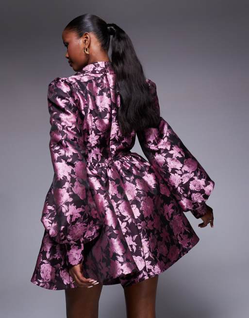 ASOS LUXE - Pink skjorte-skaterkjole med blomstermønster i jacquard, 4 af 4