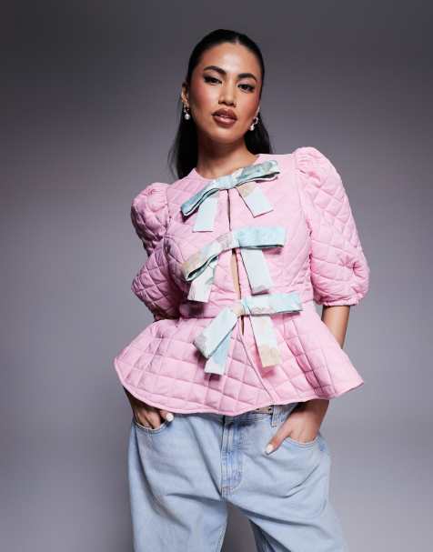 ASOS LUXE - Pink top med pufærmer, vattering og sløjfedetaljer foran - view 1