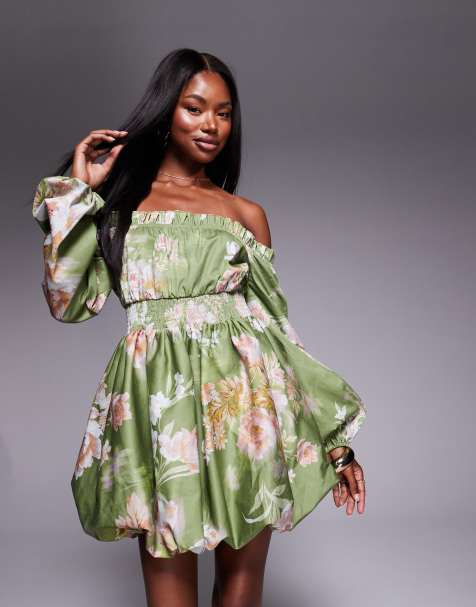 ASOS Luxe – Pistacjowa sukienka mini w kwiatowy wzór z bufiastym dołem i obszernymi rękawami z obcisłym mankietem - view 1
