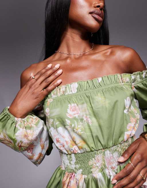 ASOS Luxe – Pistacjowa sukienka mini w kwiatowy wzór z dekoltem bardot, bufiastym dołem i obszernymi rękawami z obcisłym mankietem , 4 z 4