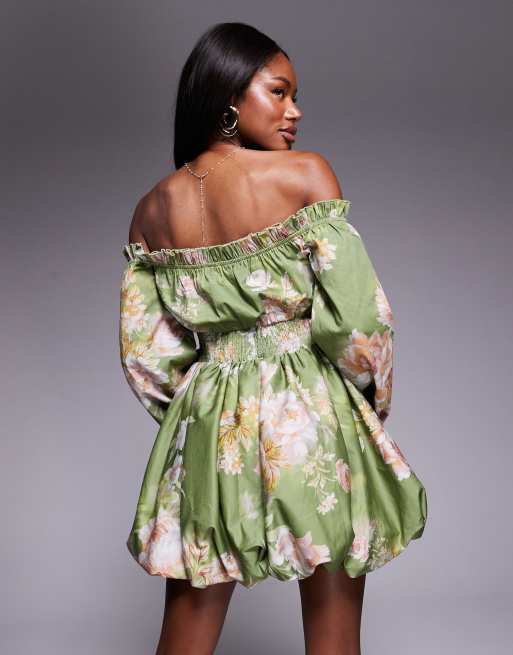 ASOS LUXE – Pistagegrön, blommig miniklänning med bardotringning, blusärmar och ballongfåll , 2 av 4