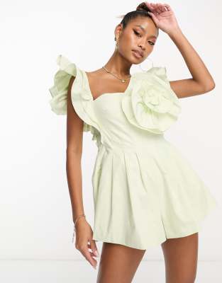 ASOS LUXE - Playsuit aus Popeline in zartem Grün mit Korsagenoberteil und Rüschenärmeln