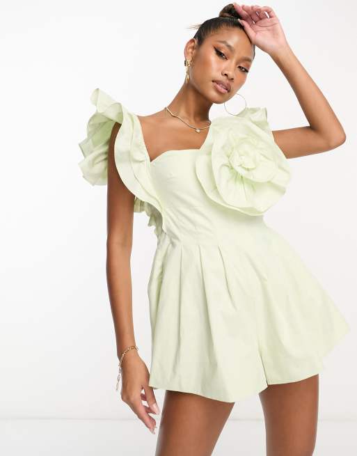 ASOS LUXE – Playsuit aus Popeline in zartem Grün mit Korsagenoberteil und Rüschenärmeln