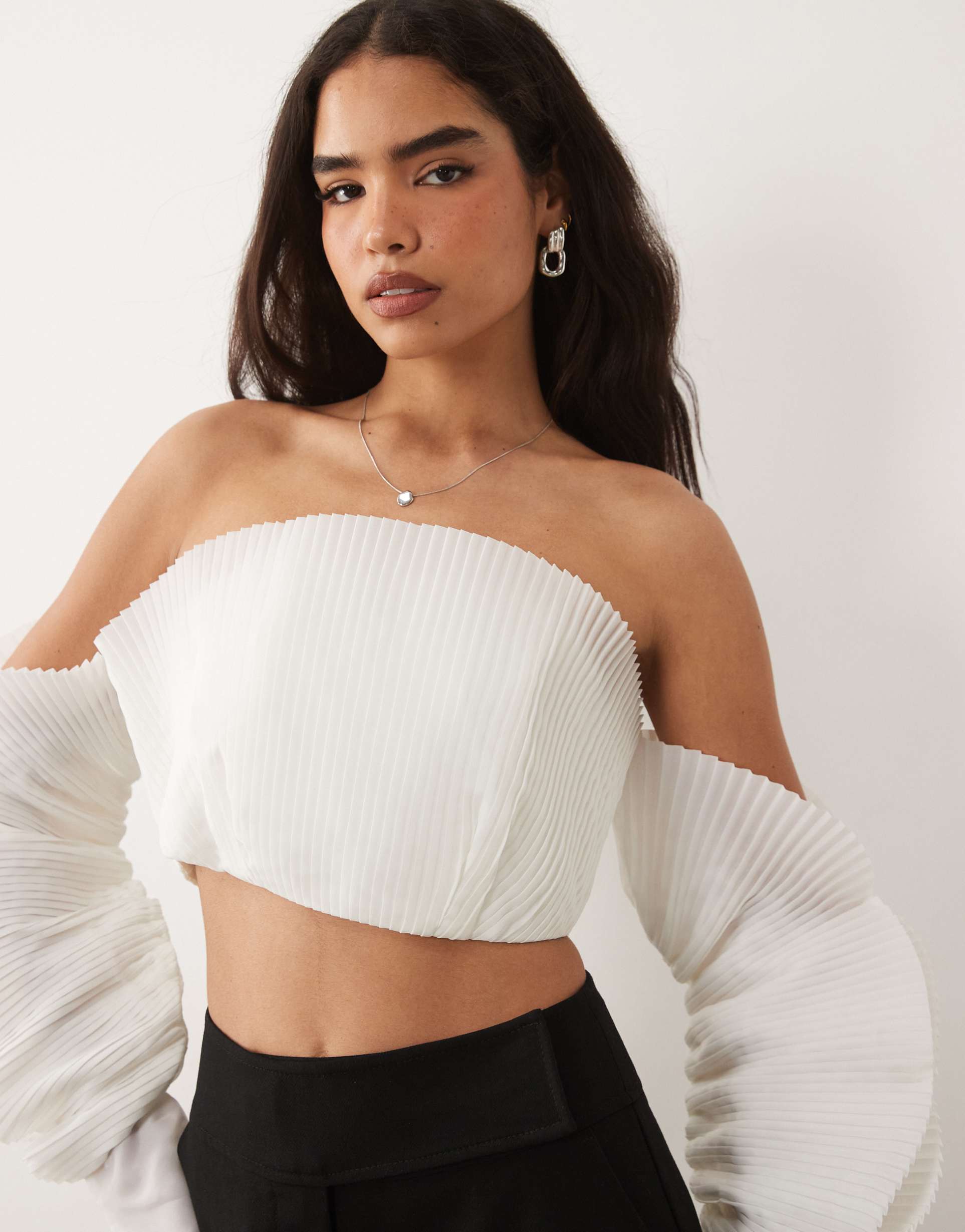 asos luxe pleated bandeau long sleeve top in white