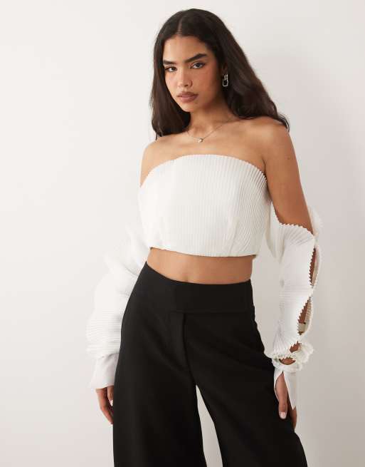ASOS LUXE pleated bandeau long sleeve top in white, 4 of 4