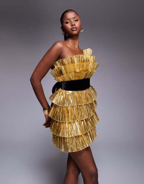 ASOS LUXE pleated bandeau mini dress with velvet belt in gold - view 1
