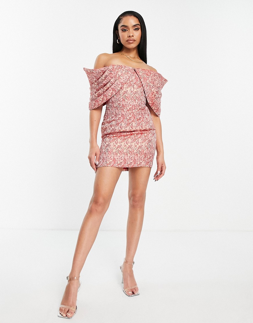 ASOS LUXE pleated Bardot jacquard mini dress in paisley print-Multi