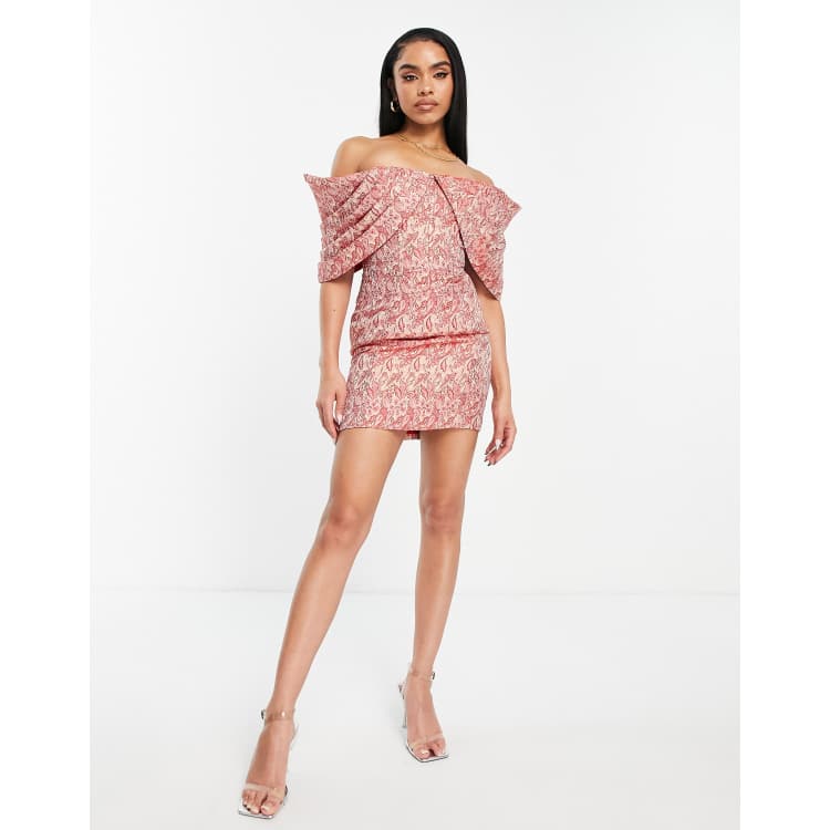 ASOS LUXE pleated Bardot jacquard mini dress in paisley print | ASOS